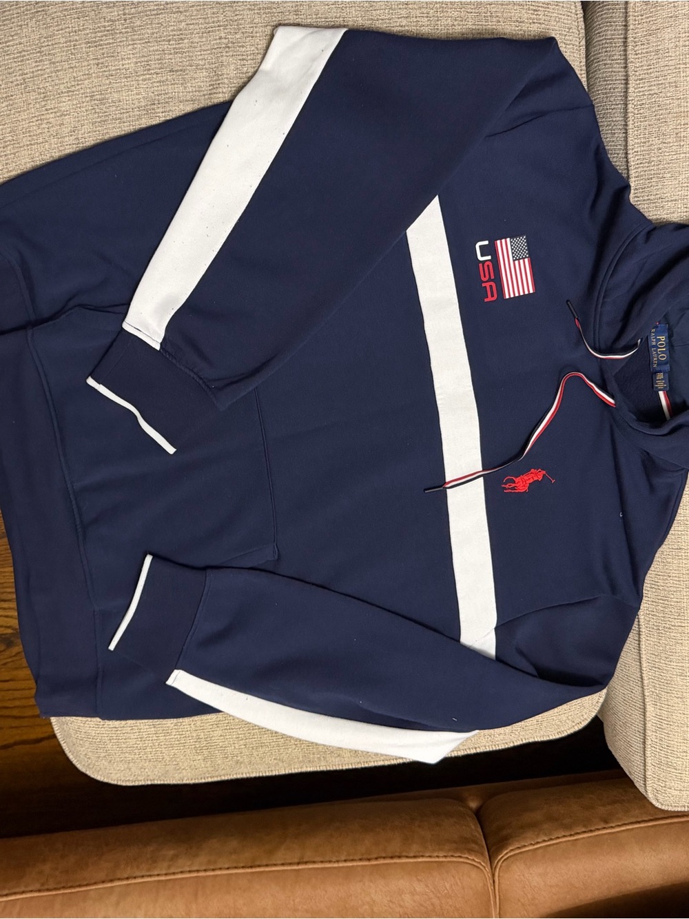 Polo by Ralph Lauren Navy Zip-Up Sweatshirt with White Stripes & Red Logo